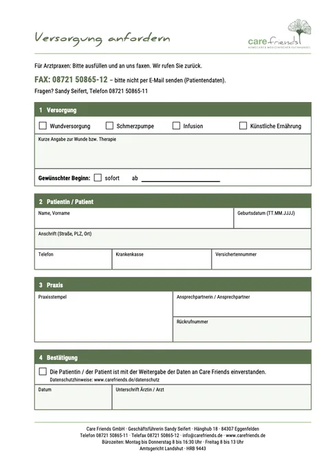 Vorschau: Fax-Vordruck „Versorgung anfordern“