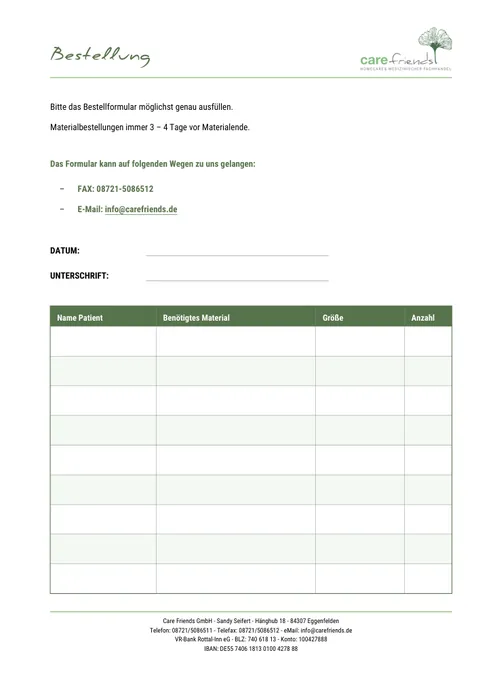 Leeres Bestellformular mit Tabelle für Material, Größe und Anzahl