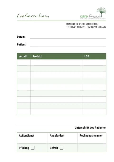 Leerer Lieferschein mit Tabelle für Anzahl, Produkt und Charge