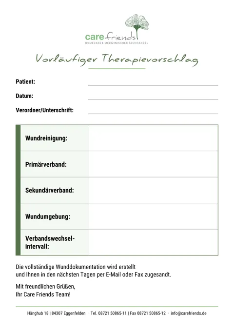 Leeres Blatt „Vorläufiger Therapievorschlag“ mit Feldern von Wundreinigung bis Verbandwechselintervall