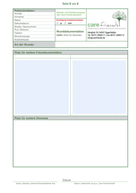 Leerer Vordruck Wunddokumentation, Seite 2, mit Feldern für Fotos, Hinweise und Unterschriften