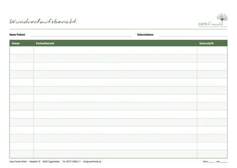 Leere Tabelle „Wundverlaufsbericht“ mit Spalten für Datum, Verlauf und Unterschrift