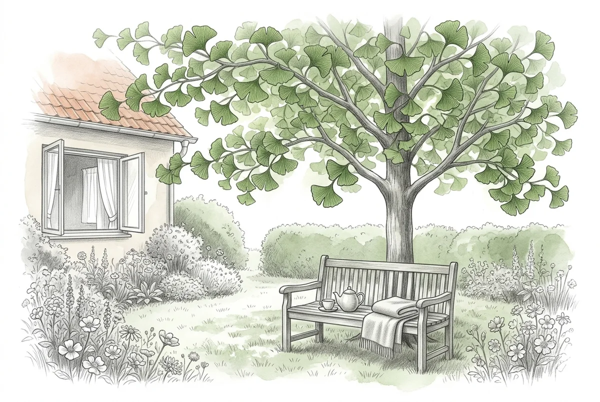 Gezeichnet: ein Garten mit einem Ginkgo-Baum, darunter eine Bank mit Teekanne und Decke, daneben ein Haus mit offenem Fenster