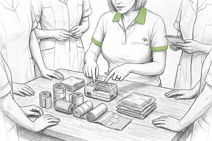 Zeichnung: Eine Referentin von Care Friends zeigt Pflegekräften am Tisch Verbandmaterial und eine Pumpe