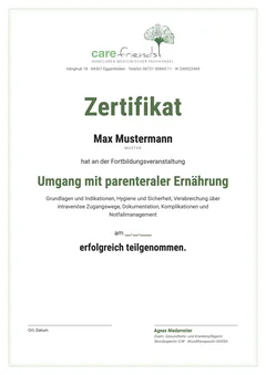 Muster des Teilnahmezertifikats Parenterale Ernährung