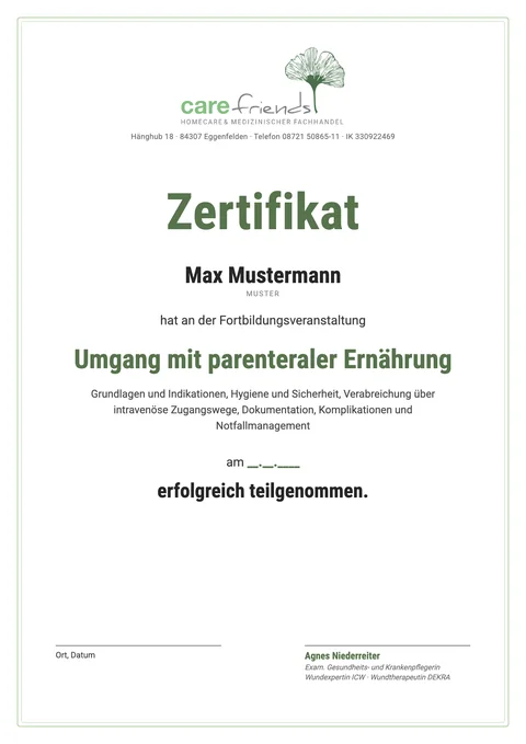 Vorschau: Muster des Teilnahmezertifikats Parenterale Ernährung