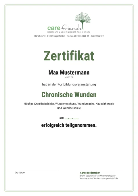 Vorschau: Muster des Teilnahmezertifikats Wundtherapie